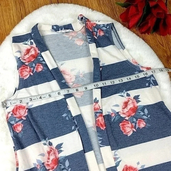 Amelia James Striped Floral Long Duster Sleeveless Boho Kimono with Pockets - Picture 2 of 10